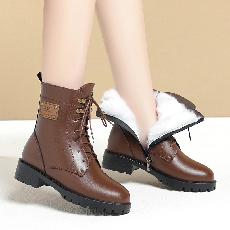 CICIYANG Ankle Boots for Women Genuine Leather 2024 Winter Wool Boots Platform Low Heels Ladies Motorcycle Boots Large Size 42