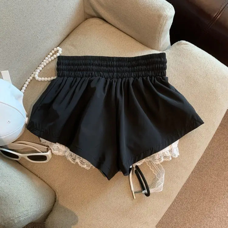 Women's Patchwork Fake Two-piece Lace Shorts High Elastic Waist Drawstring A-shaped Casual Shorts Pants