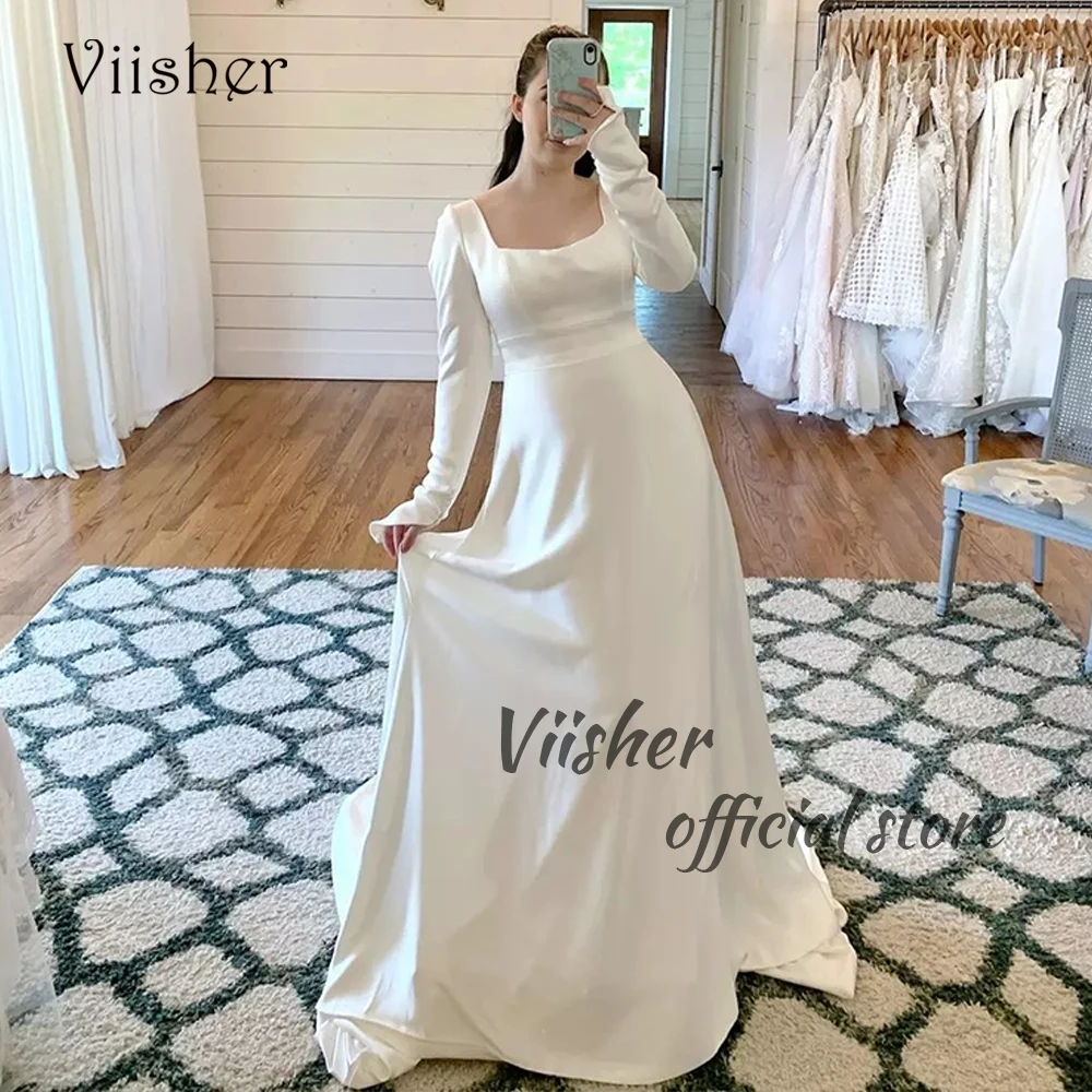 

Viisher White Mermaid Wedding Dresses for Bride Long Sleeve Square Neck Beach Bride Dress with Train Simple Civil Wedding Gowns