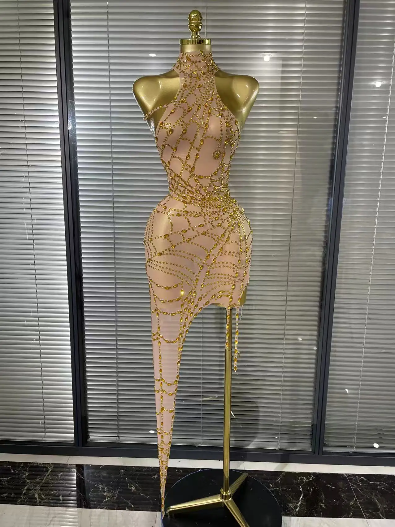 Shining Rhinestones Mesh See Through Bodycon Mini Dress Women Sexy  Nightclub Party Bar Dancer Performance Costume Stage Wear - AliExpress  200000345