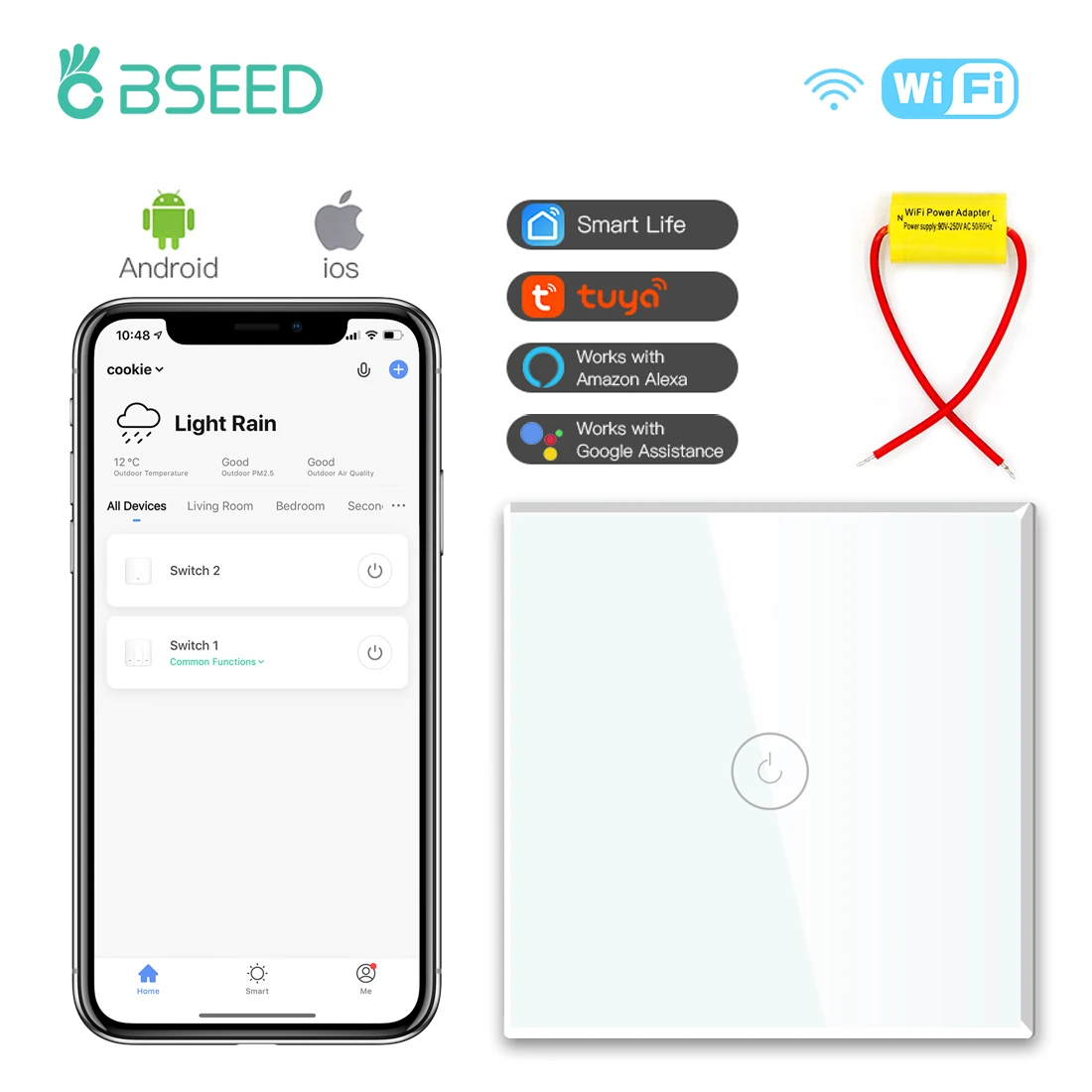 

BSEED Single Live Smart Touch Switch 1/2/3Gang 1Way Wall Light Switch Tuya Google Smart Life Alexa APP Control Crystal Panel