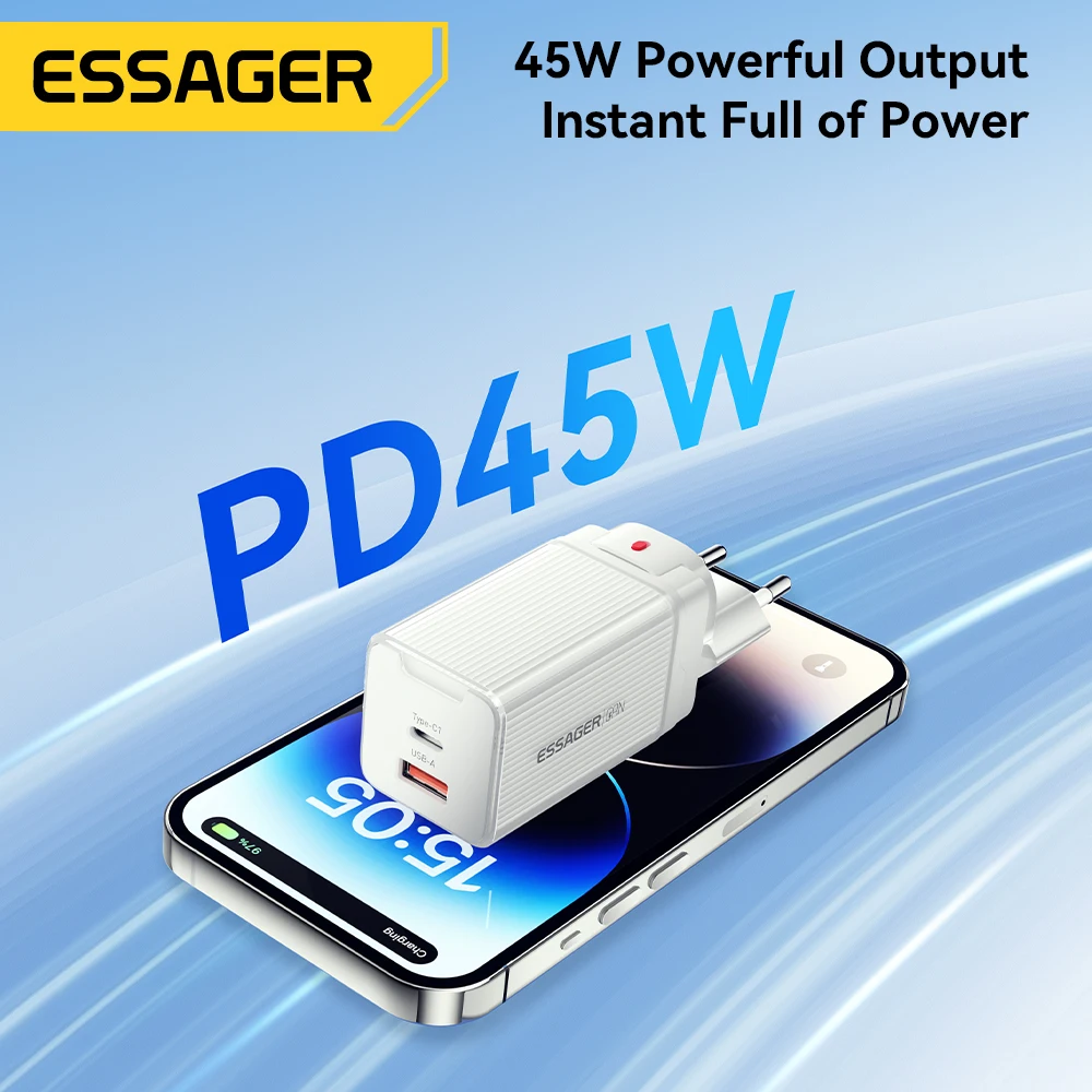 Essager GaN 45w USB A Charger Type C Quick Charge 2 in 1 Fast Charging For iPhone 14 13 12 MacBook Samsung