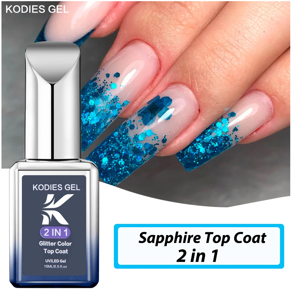 

KODIES GEL Sapphire Top Coat UV Gel Nail Polish 2 IN 1 Clear Crystal Blue Glitter Mix Topcoat Semi Permanent LED Finition 15ML