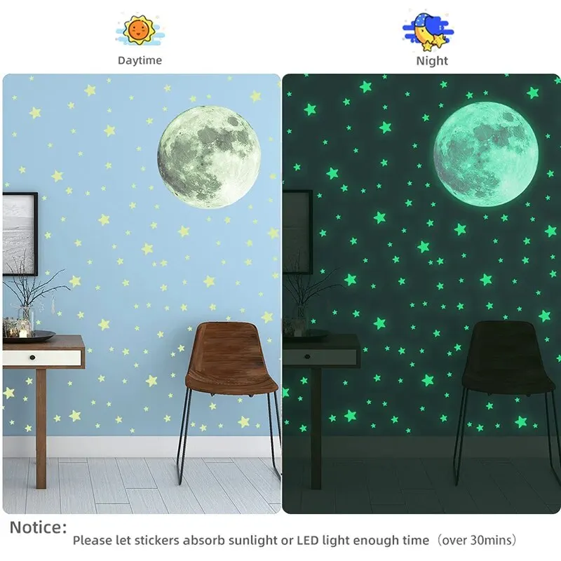 100 stelle luminose colorate con 1 pezzo di adesivi murali luna per camera da letto Adesivi stelle luminose 3D Crea un cielo stellato realistico  15