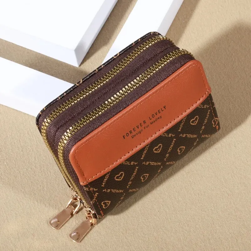 Chic Faux Leather Double Zipper Mini Wallet with Multiple Card Slots & Slip Pocket