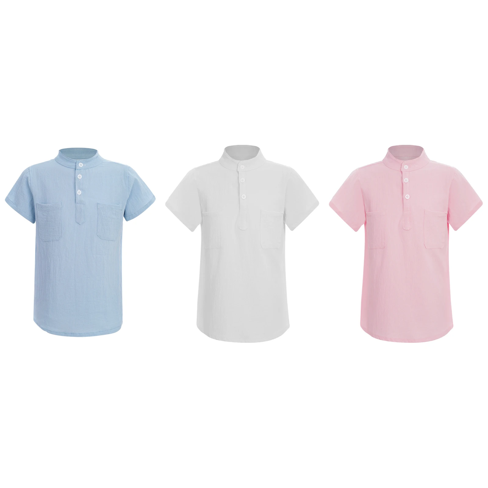 Kids Summer T-Shirts Short Sleeve Cotton Linen Shirt Button Casual Stand Collar Shirts with Pockets for Boys Girls