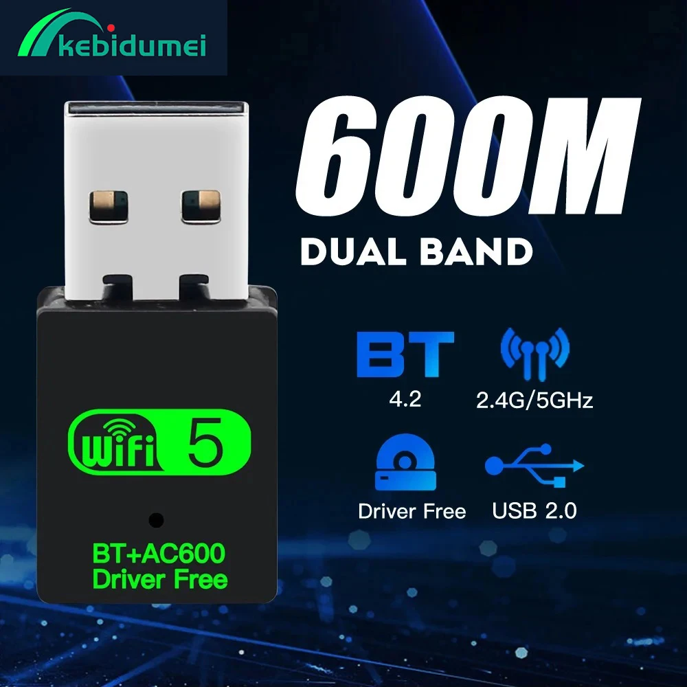 Kebidumei 2 IN 1 USB WiFi 블루투스 어댑터 600Mbps 2.4G/5GHz 듀얼 밴드 Wi-Fi 5 동글 무선 네트워크 카드 수신기 노트북 PC