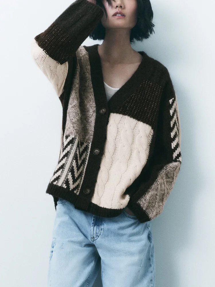 

Sweater For Women Winter Ladies Cardigan V Neck Patchwork Knit Cardigan Long Sleeve Single Breasted Casual Oversized Cardigans