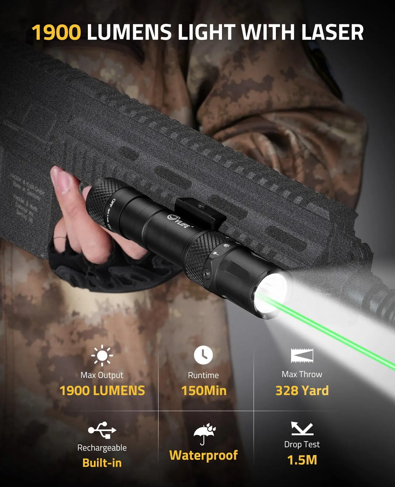 CVLIFE Tactical Flashlight 1900 Lumens Rifle Laser Light with Strobe Mode Rechargeable and Pressure Switch for Picatinny Rail