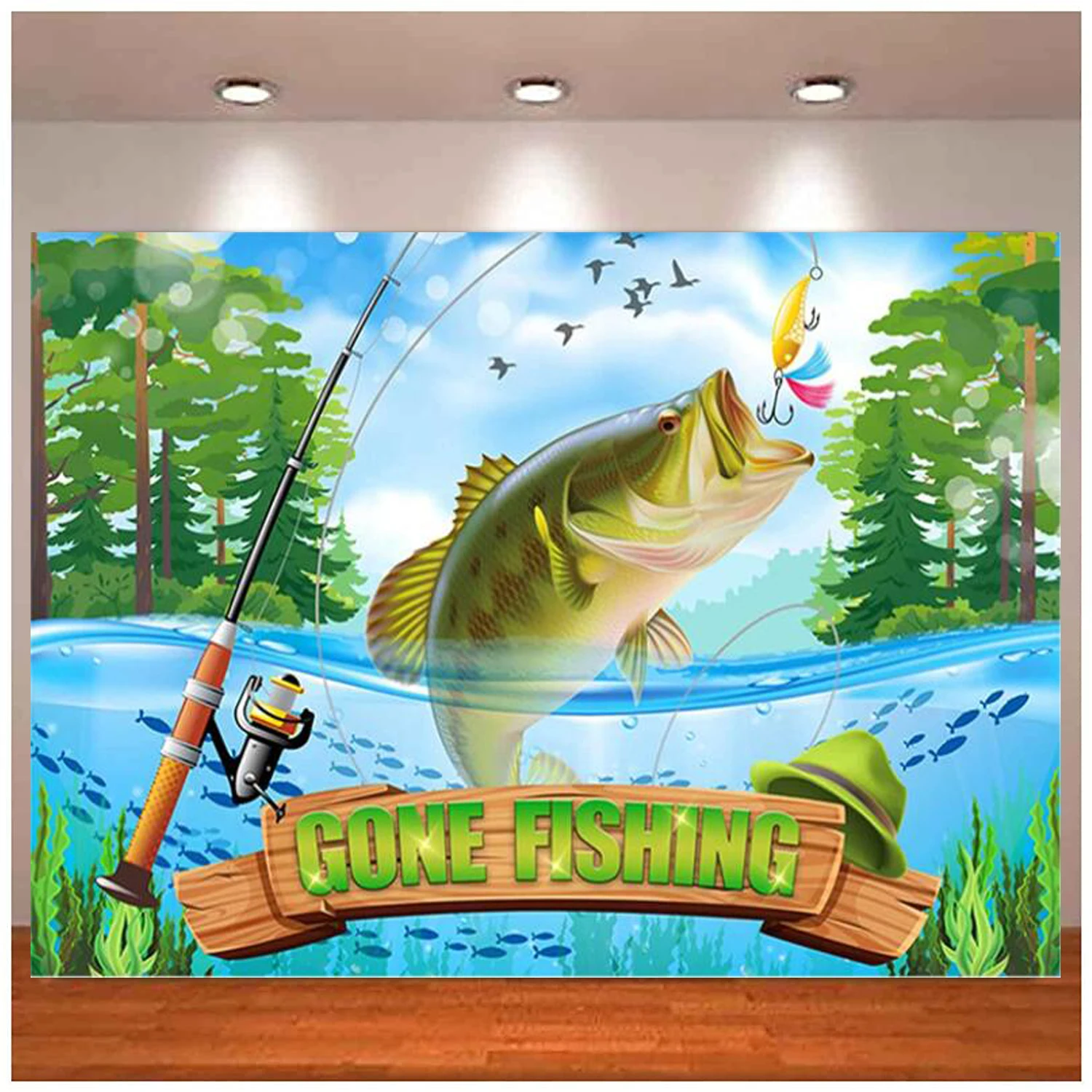 Gone Fishing Background Happy Birthday Retirement Fisherman Kids Baby  Shower Party Supplies Lake Backdrop Cake Table Decor