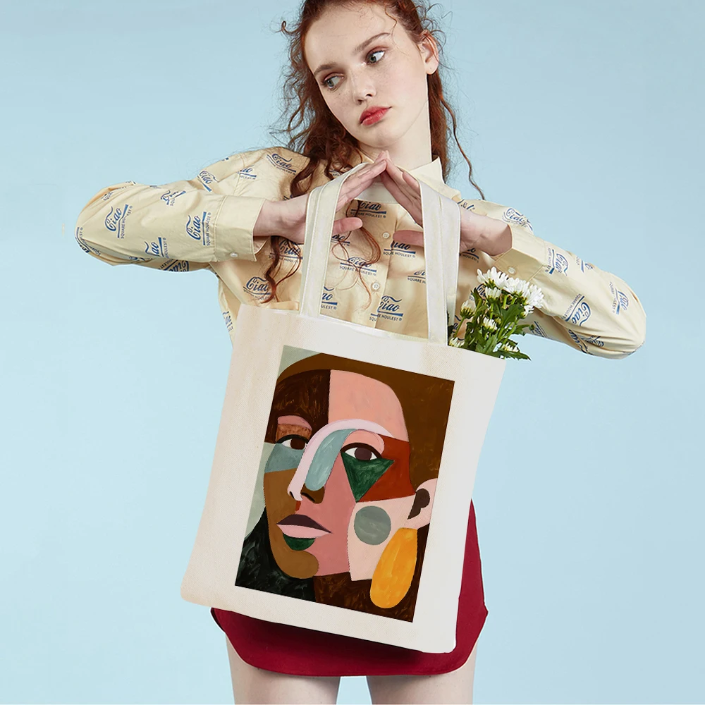 

Woman Face Geometry Color Block Abstract Supermarket Shopper Bag Lady Tote Handbag Nordic Casual Canvas Women Shopping Bags