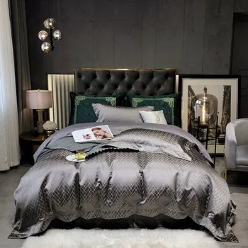 Premium Grey Black Satin Jacquard bedding sets US Queen King Cal King size 4/6Pcs Duvet cover match soft bed sheet pillowcases 1
