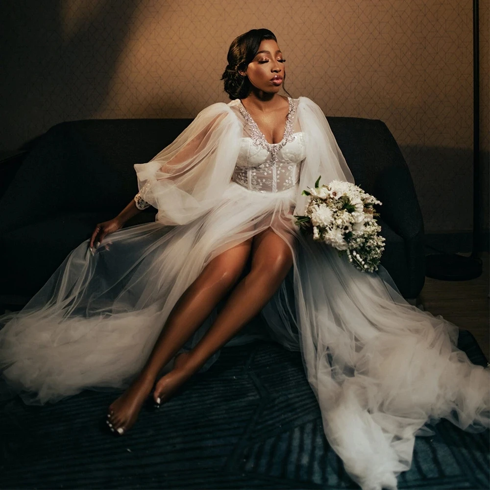 

White Tulle Bridal Shower Dress African Wedding Bridal Robes Puff Sleeves Beaded Front Slit Bridal Party Dresses Custom Made