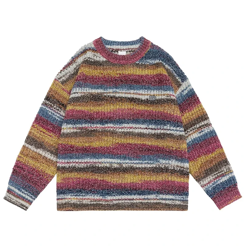 

Autumn Men Knitted Jumper Sweaters Hip Hop Vintage Colored Striped Knitwear Streetwear Harajuku Fashion Casual Pullover Clothing
