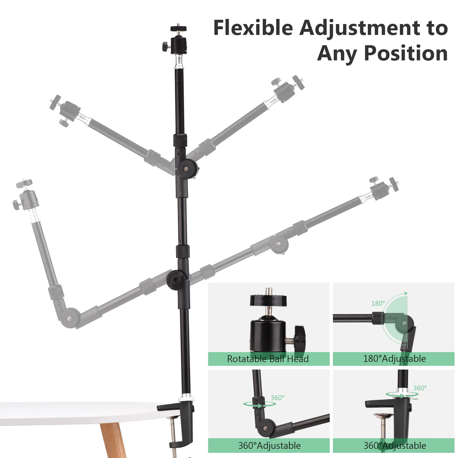Andoer ST-01 Metal Bracket Flexible Foldable Desk Mount Stand Ballhead Adapter for Fill Light LED Ring Light Camera Smartphone light stand