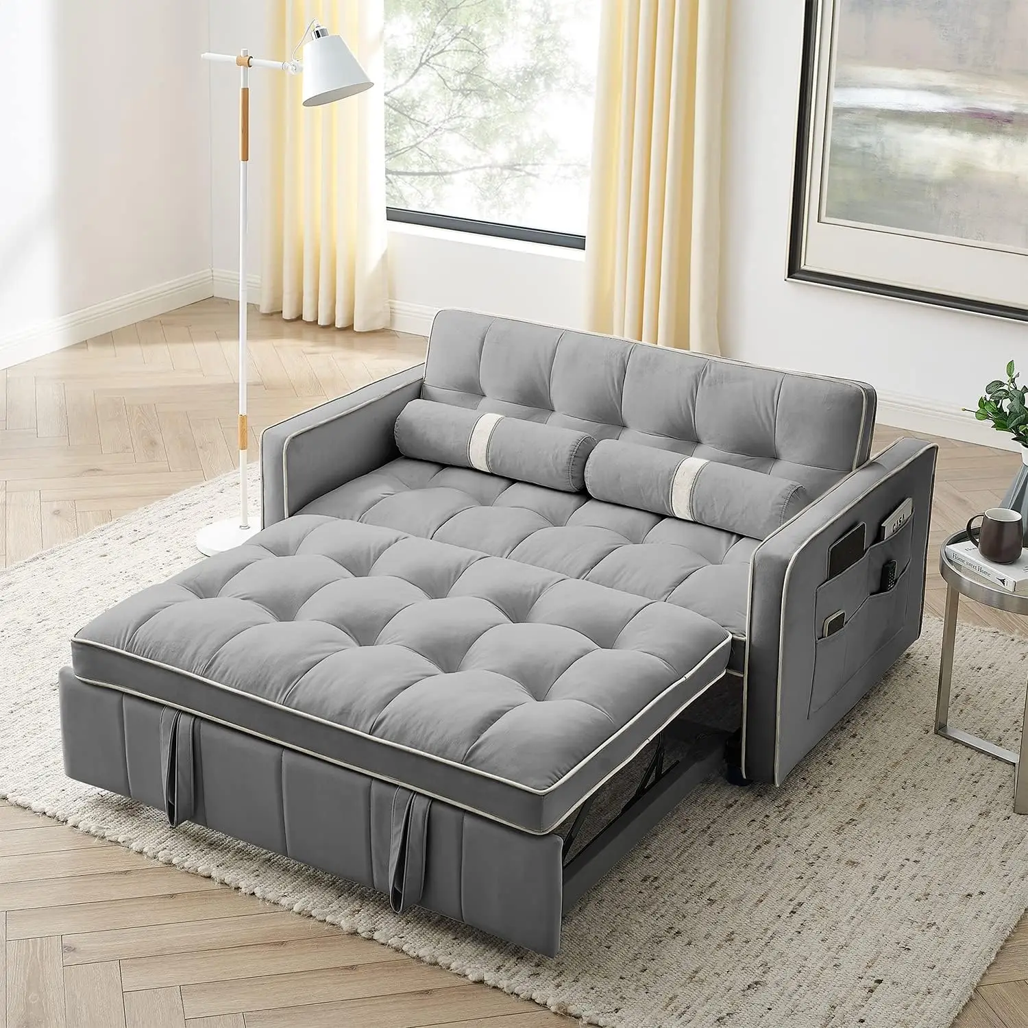 Sofa w/Pullout Bed, Adjustable Backrest, Cylinder Pillows for Living Room Apartment, Easy to Assemble, Grey, 55.5"