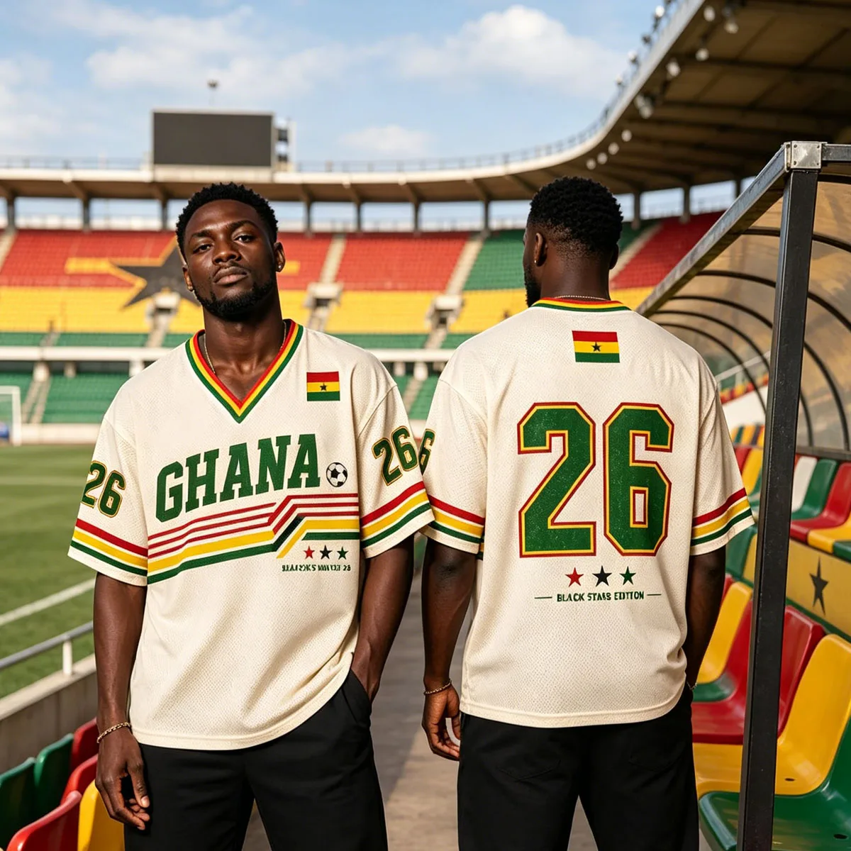 Ghana Black Stars 26 Nummer Fußballtrikot Retro V-Ausschnitt Kurzarm T-Shirt Afrika Fußball Streetwear Tee für Kinder Erwachsene