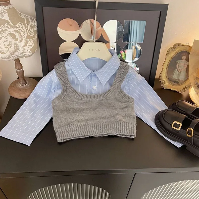 Girls Knit Vest Striped Blouse Skirt Set Kids Outwear