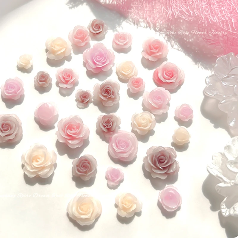 6er-Set 3D Rosenblüten Nagelkunst-Charms, glänzende, flache Harz-Strass-Nageldekorationen, DIY-Maniküre-Zubehör für Nageldesign – Detail 6
