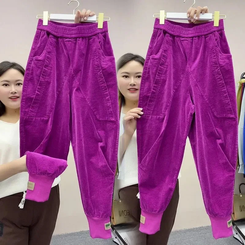 Spring Autumn New Solid Color Corduroy Pants Women Elastic Waist Loose Harem Pants All-Match Casual Bundle Foot Trousers Ladies