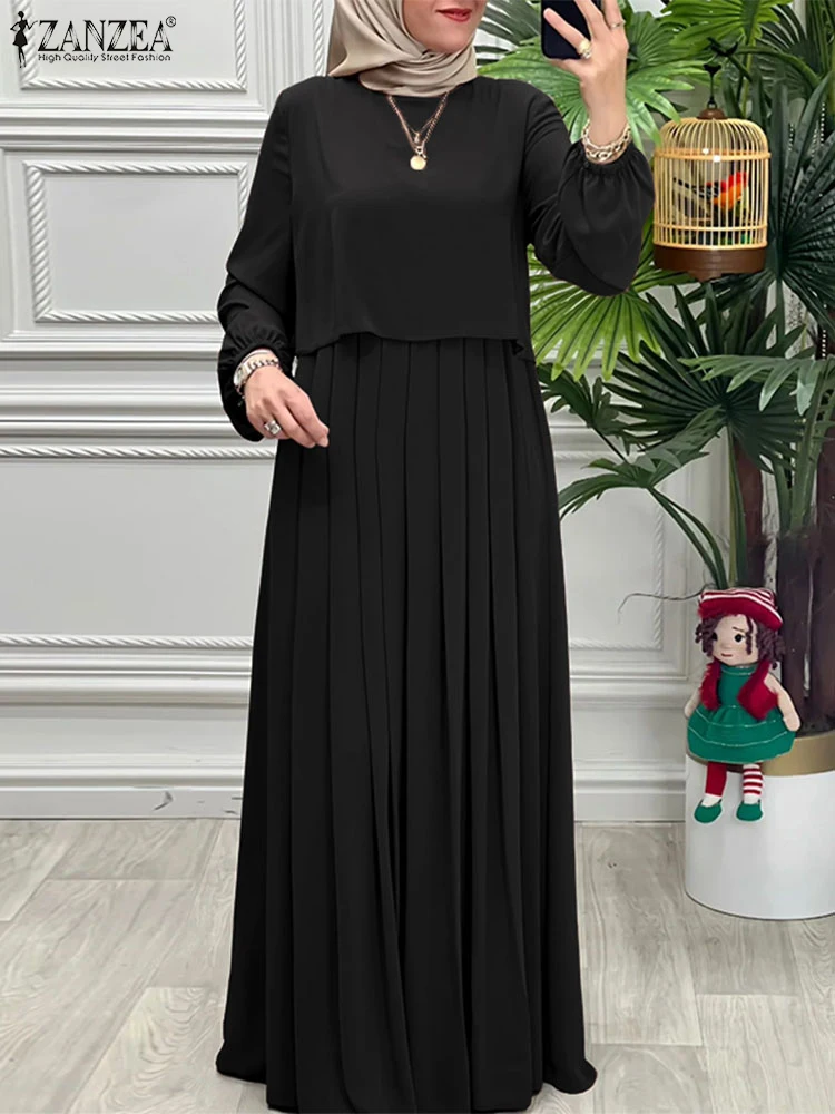 ZANZEA Women 2025 Autumn Dresses Muslim Abaya Robe Femme Fashion Long Sleeve Solid Pleated Dress Loose Kaftan IsIamic Clothing - Image 2