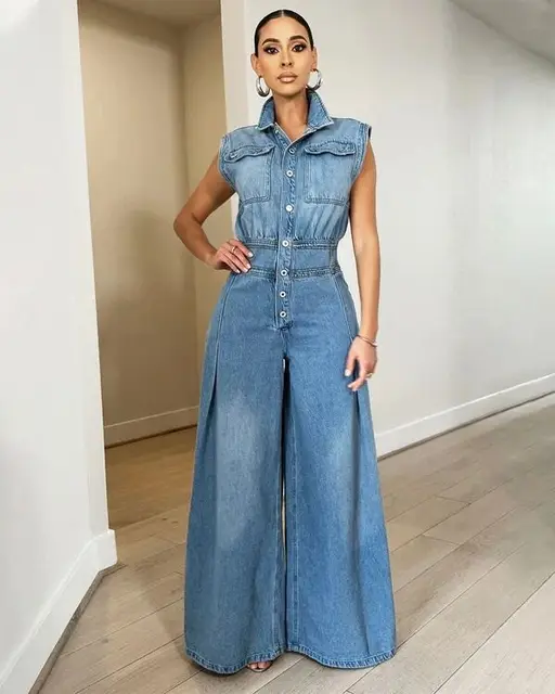 Wide Leg Jeans Overalls Sexy Women Turn Down Collar Elegant
