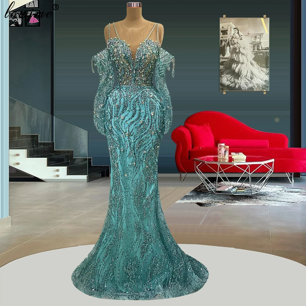 Sky Blue Mermaid Cocktail Dress Plus Size Off Shoulder Crystals Evening Gown With Pearls Turkish Couture