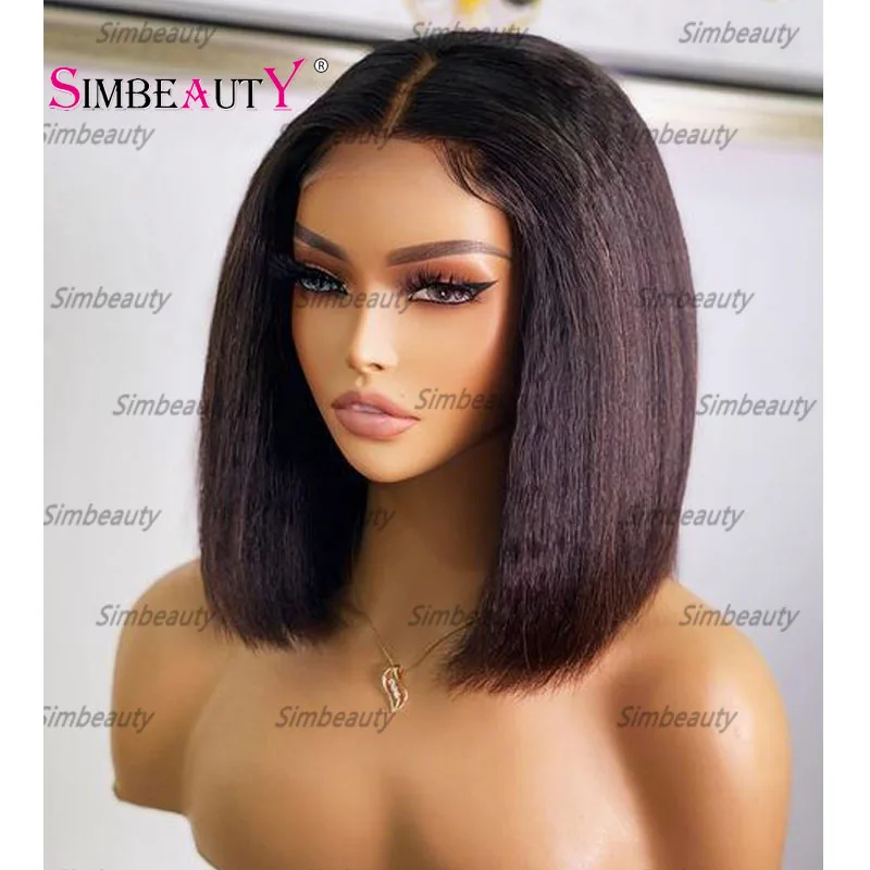 Natural 1B Black Color 100% Short Bob Yaki Straight Human Hair Wigs with Natural Hairline Glueless Remy 13x6 Lace Front Wigs