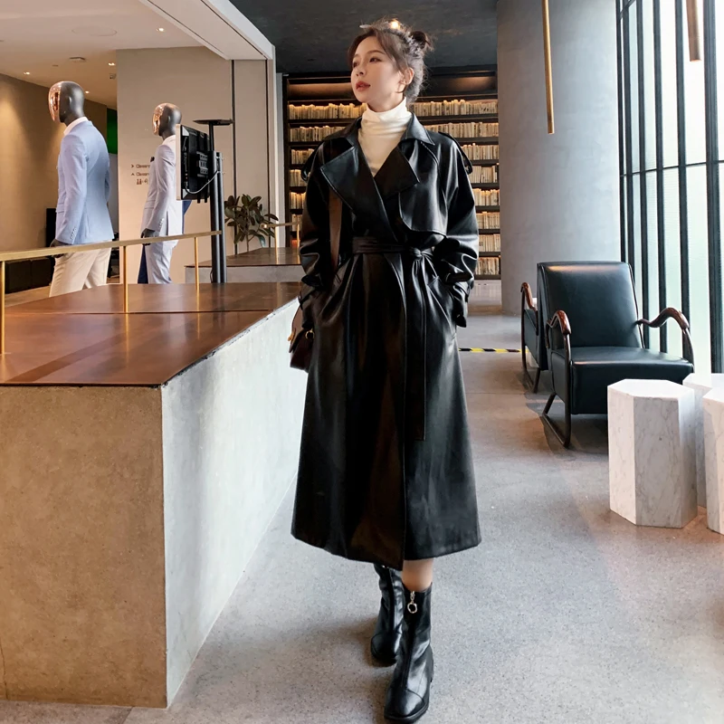 Fashion Brand New Women's Long PU Leather Trench Coat With Belt Lady Windbreaker Waterpoof Female Outerwear Spring Autumn Black puffy coats Coats & Jackets