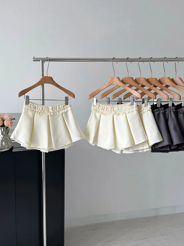 

High Quality Casual New Bow Pleated Skirt Women's Vintage Classical Cozy A-Line Skirt Stringy Selvedge 2000s Aesthetic Japanese