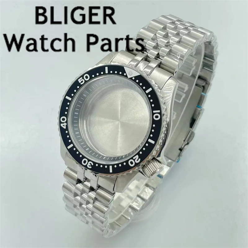 

BLIGER 42mm silver sterile watch case sapphire glass Black ceramic bezel black chapter ring fit NH35 NH36 movement