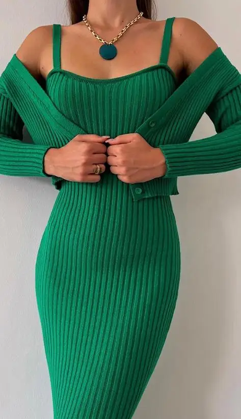 Elegant Women's Sets 2023 Ribbing Sleeveless Sweetheart Neck Bodycon Long Dress with Cardigan Stylish Slim Fit Dress Suit