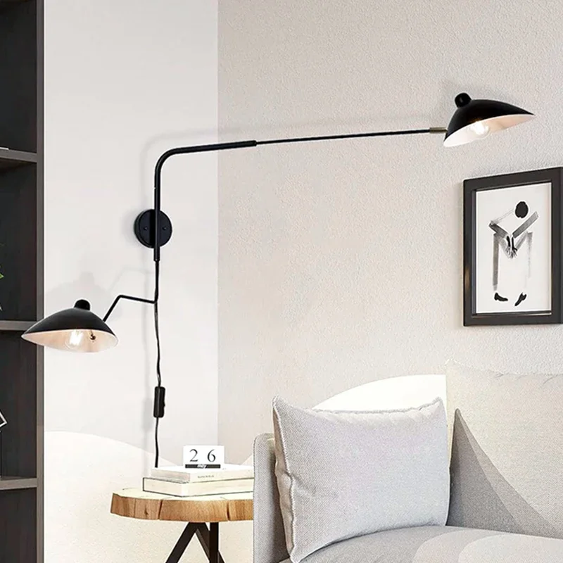 Rocking Arm Wall Lamp Plug Adjustable LED Retro Industrial Living Room Sofa Bedroom Bedside