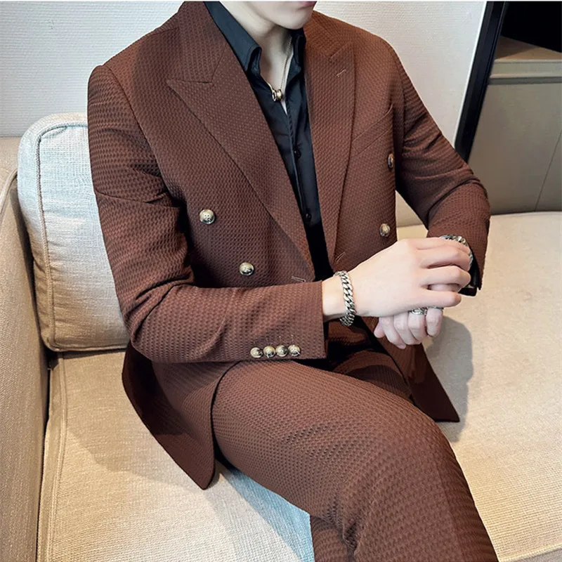 Double-breasted Waffle Business Suit Men Wedding Prom Party Blazers and Pants Homme Slim Fit Tuxedo Dress 2Piece Set