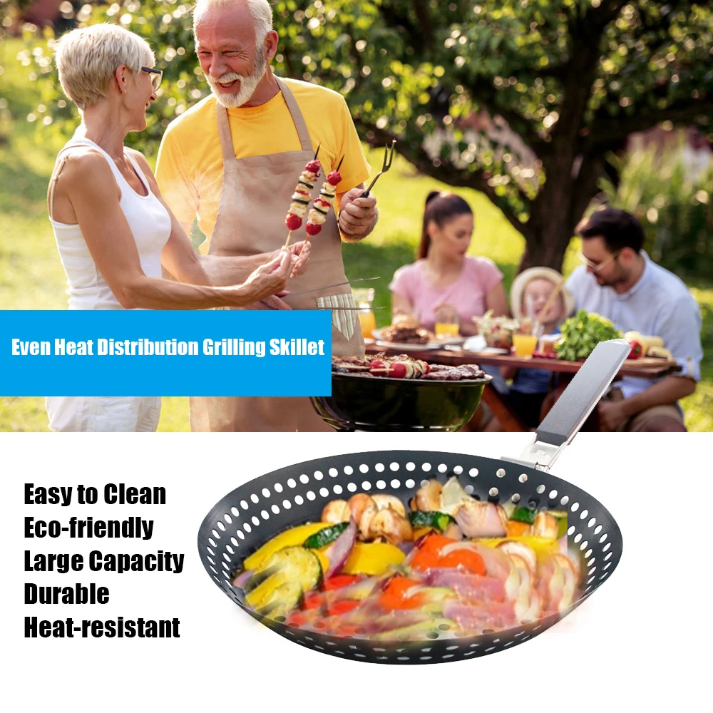 Grilling Skillet Non-stick Metal Folding Wooden Handle with Holes Removable Handle for Outdoor Grill Topper Barbecue Pan