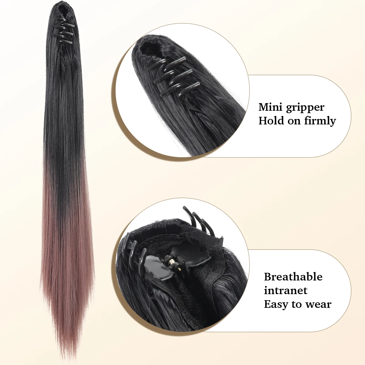 20-inch synthetic gradient ponytail wig women's ponytail clip fake ponytail heat-resistant straight hair wig natural