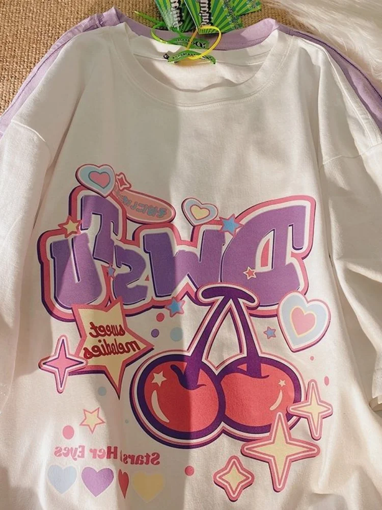 

QWEEK 2023 Autumn Cartoon Fruit Print Women T Shirts Girls Harajuku Casual Loose Short Sleeve Y2k Top Cute Oversize Tee