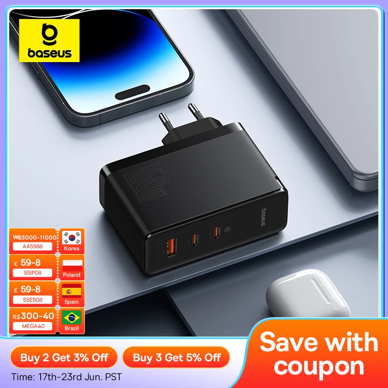 Baseus 160W GaN Charger For iPhone 15 14 13 Fast Charger For Laptop USB C Charger Support PD3.1 QC Phone Charger For Xiaomi