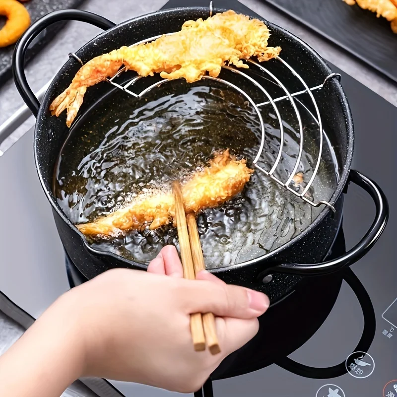 

1pc Stainless Steel Non-stick Tempura Deep Fryer Pan With Oil Drip Rack For Kitchen Home Gas Stove