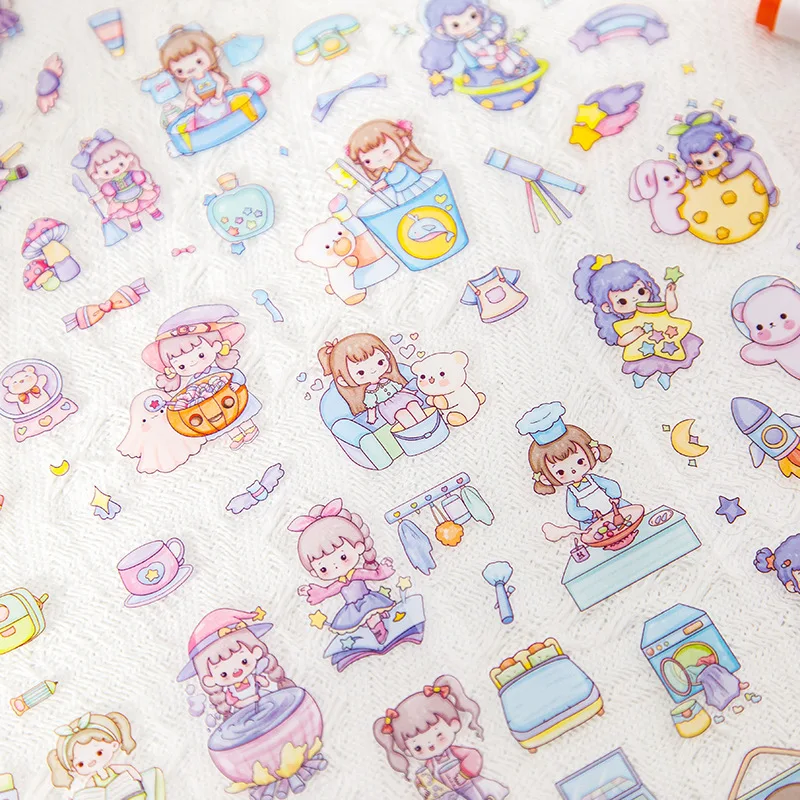 42 Sheets PET Clear Waterproof Stickers Cup Decorative Cartoon Cute Children Adhesive DIY Scrapbooking Sticker Label Stationery