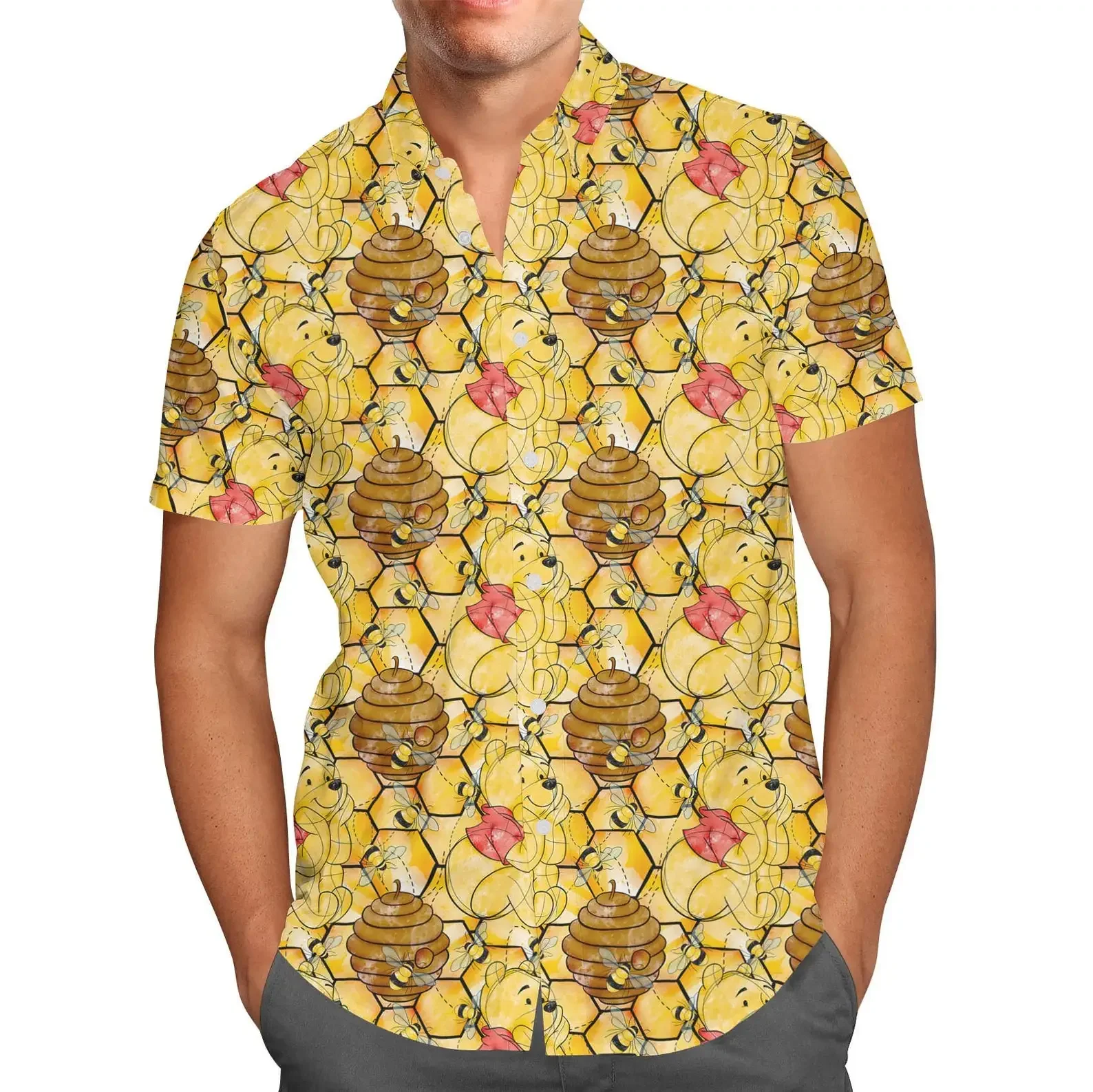 

Watercolor Winnie the Pooh Hawaiian Shirt Men's Disney Inspired Men's Vintage Button Up Short Sleeve Shirt Beach Vacation Shirt