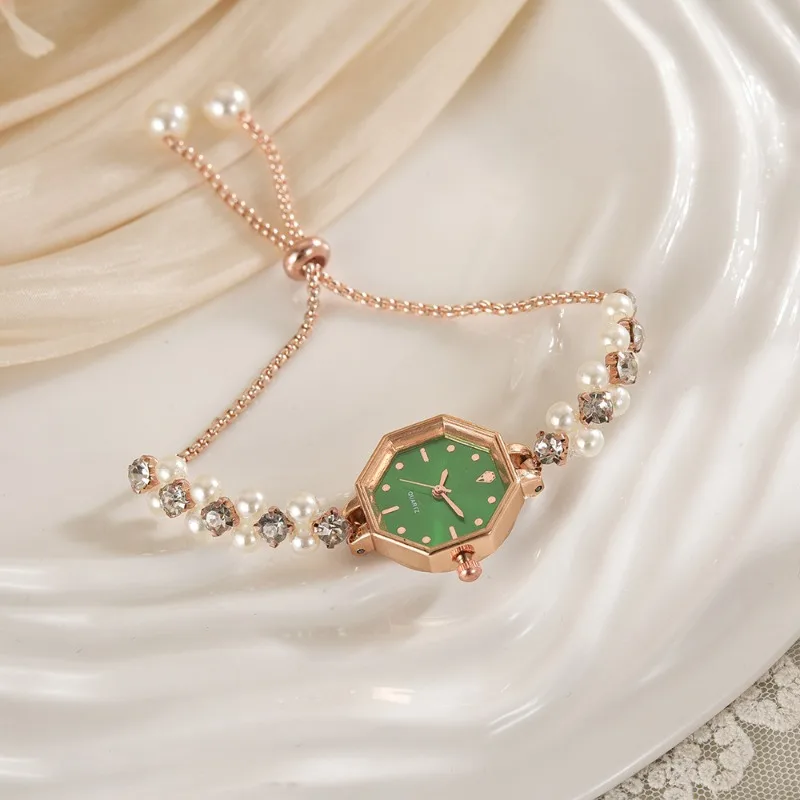 2025 Vintage Pearl Bracelet Women's Quartz Watch Luxury Gold Color Small Square Dial Ladies Wristwatch Gift