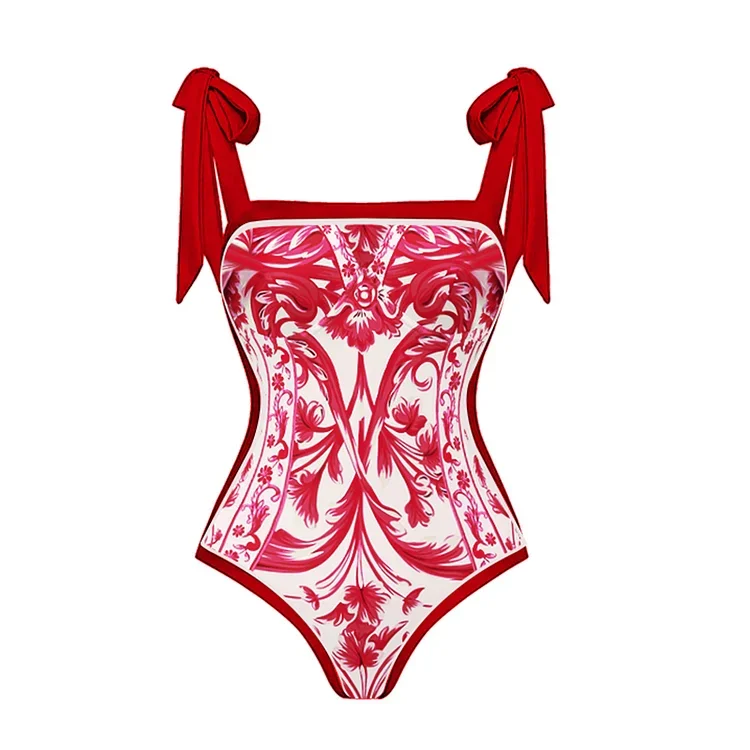 2023 Reversible Tie-shoulder Baroco Style Printed One Piece Swimsuit and Skirt  Swimwear Set Women Beachwear Luxury Bathing Suit