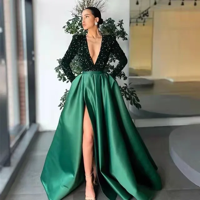 Sexy V Neck Prom Dress 2022 Sequins Hunter Green Party Evening Dress For Women Floor Length beautiful prom dresses