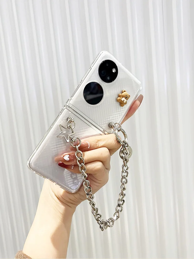 

For Huawei P50 Pocket Case Cute Bow Tie and Bear Cover with Silver Star and Smiley Lanyard for P50 Pocket Huawei Cases