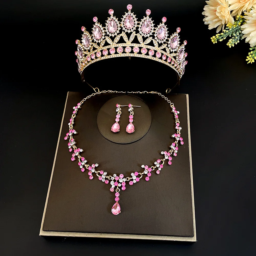 Bridal Jewelry Set 3Pcs/set Baroque Crystal Rhinestone Tiaras Crown Necklace Earring For Bride Women Wedding Gift