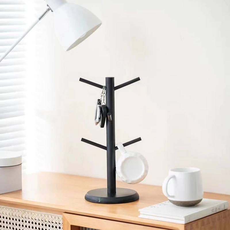 Description Picture 4 of itemBamboo Mug Hanging Display Rack Drinkware Shelf With 6 Hooks Tree Shape Wood Coffee Tea Cup Storage Holder Stand