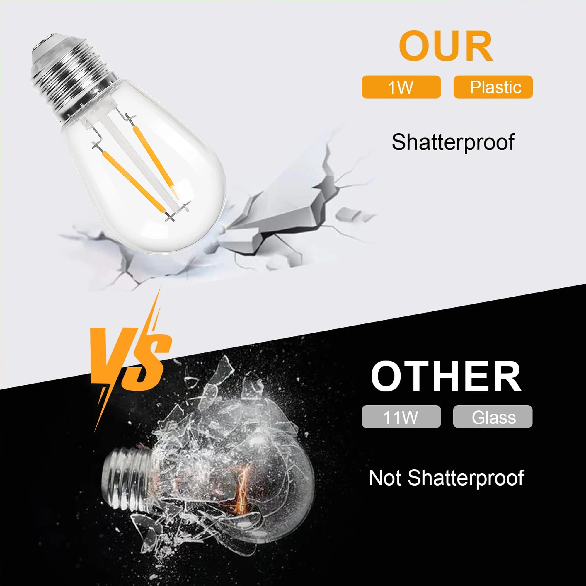 25PCS S14 LED Filament Bulbs (2W, E27, Shatterproof) 5