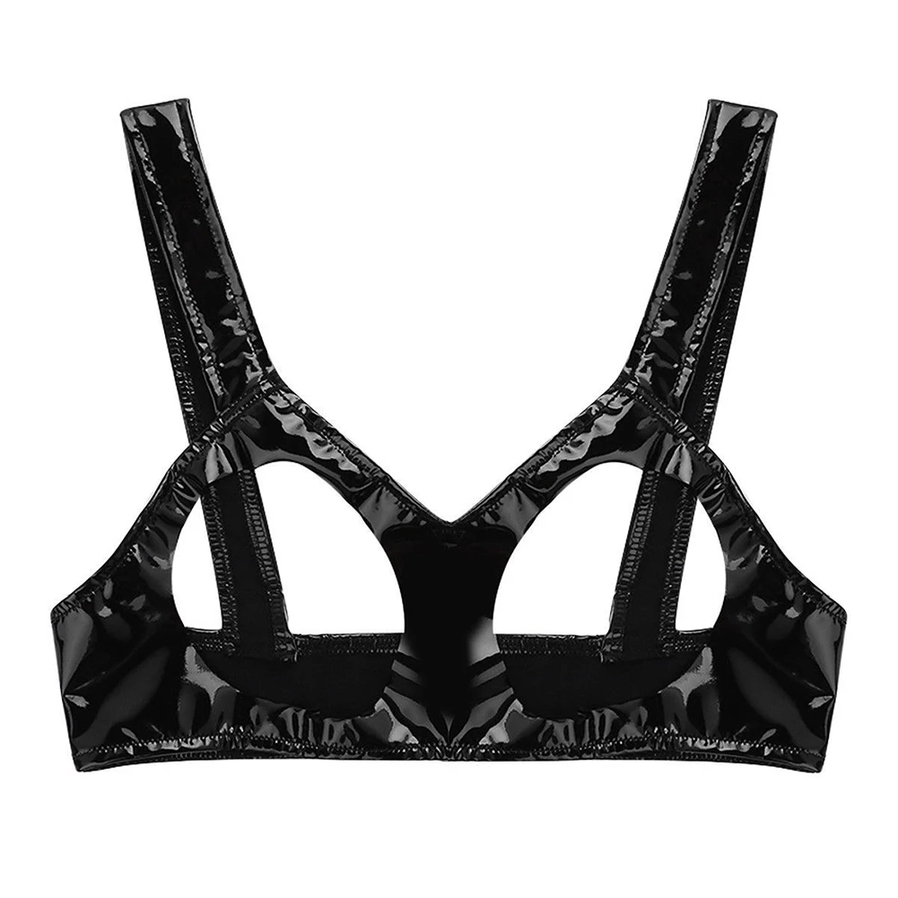 Women Open Cup Bralette Wet Look PU Bra Wire-Free Bustier Clubwear Lingerie Sleeveless Corset Top Night Club Erotic Wear