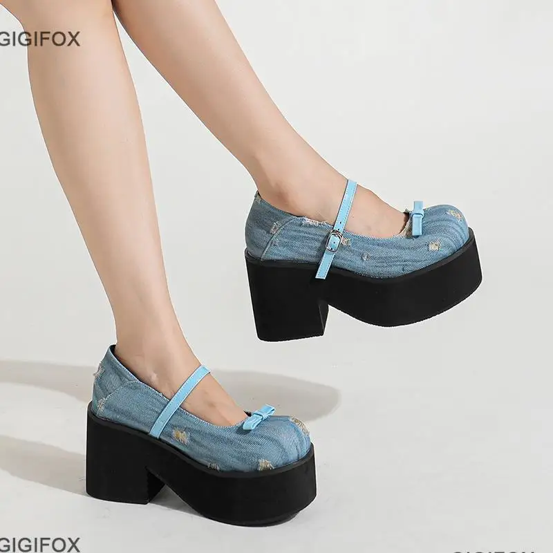 GIGIFOX High Platform Women Mary Jane Pumps Shoes Bow Knot Denim Blue Sweet Cute Mary Janes Shoes Woman School Pumps 2023 Spring